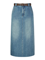 Lyocell Cotton Blend Denim Frayed Hem Women Skirt With Belt GOELIA