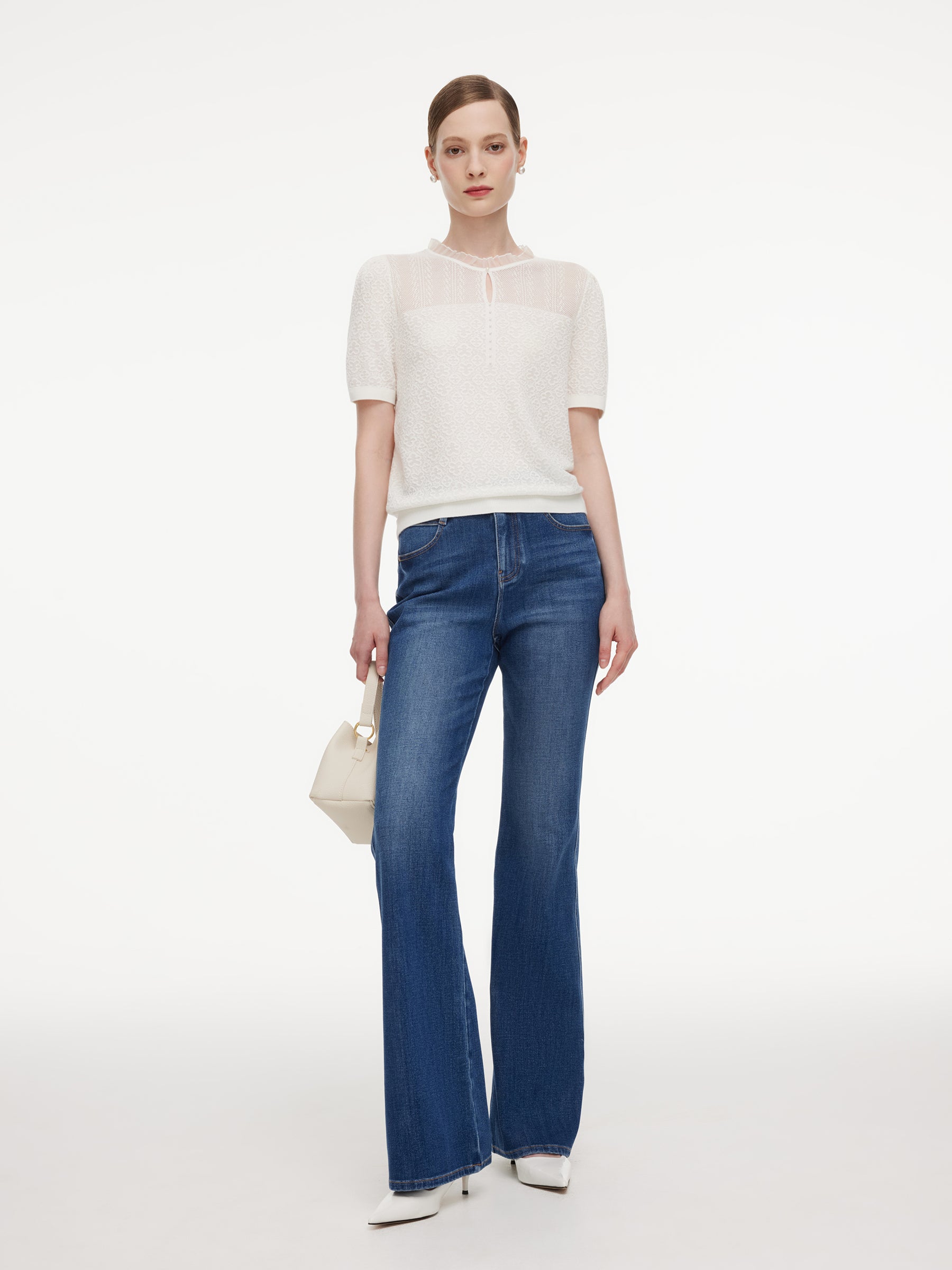Jacquard Ruffle Neck Women Knit Top GOELIA