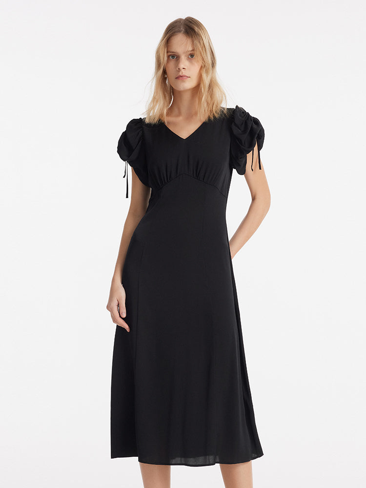19 Momme Mulberry Silk Drawstring Sleeves Women Midi Dress GOELIA