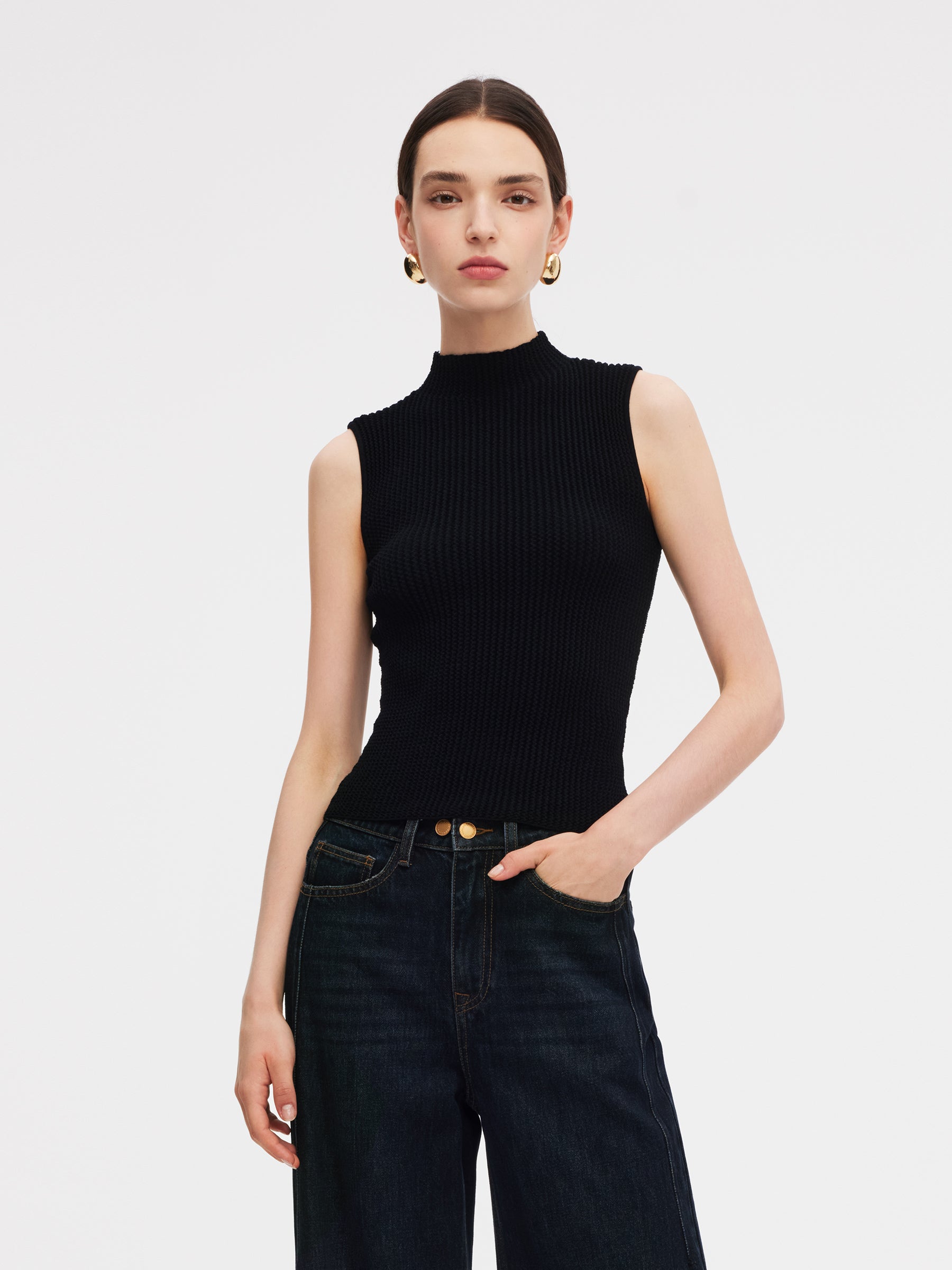 100% Machine Washable Wool Mock Neck Women Knit Tank Top GOELIA