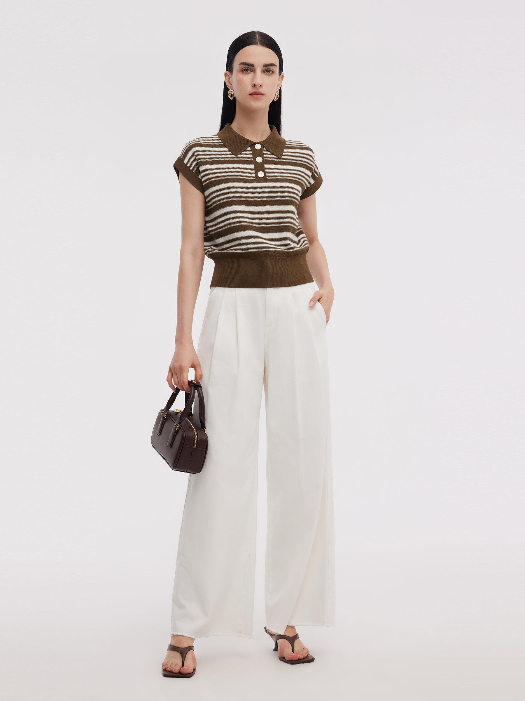 Tencel Blend Polo Collar Stripe Women Cap Sleeve Knit Tank Top GOELIA