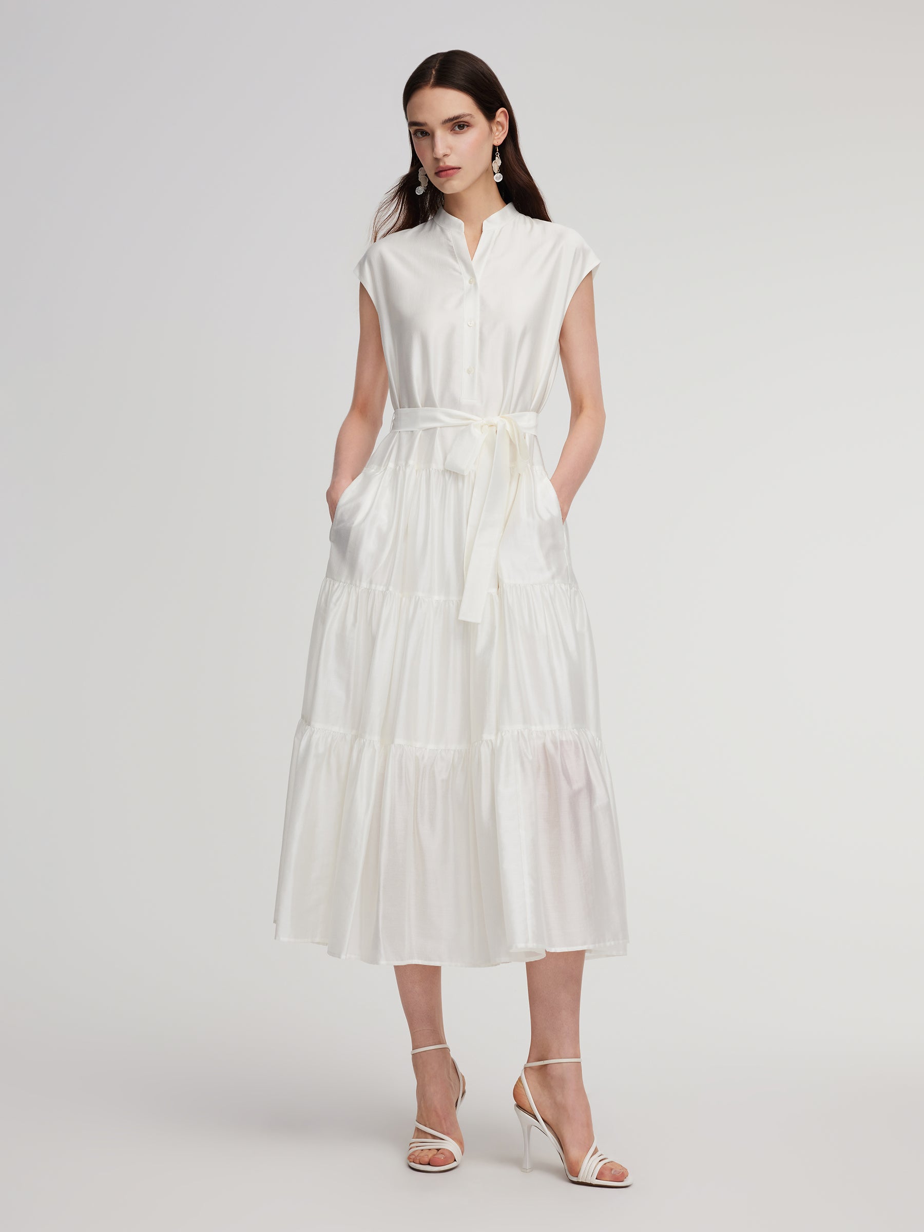 Tencel Blend Women V-Neck Maxi Dress Self Tie Belt Maxi Dress GOELIA