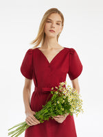 Petal Sleeves Gathered Waist V-Neck Women Midi Dress With Belt GOELIA
