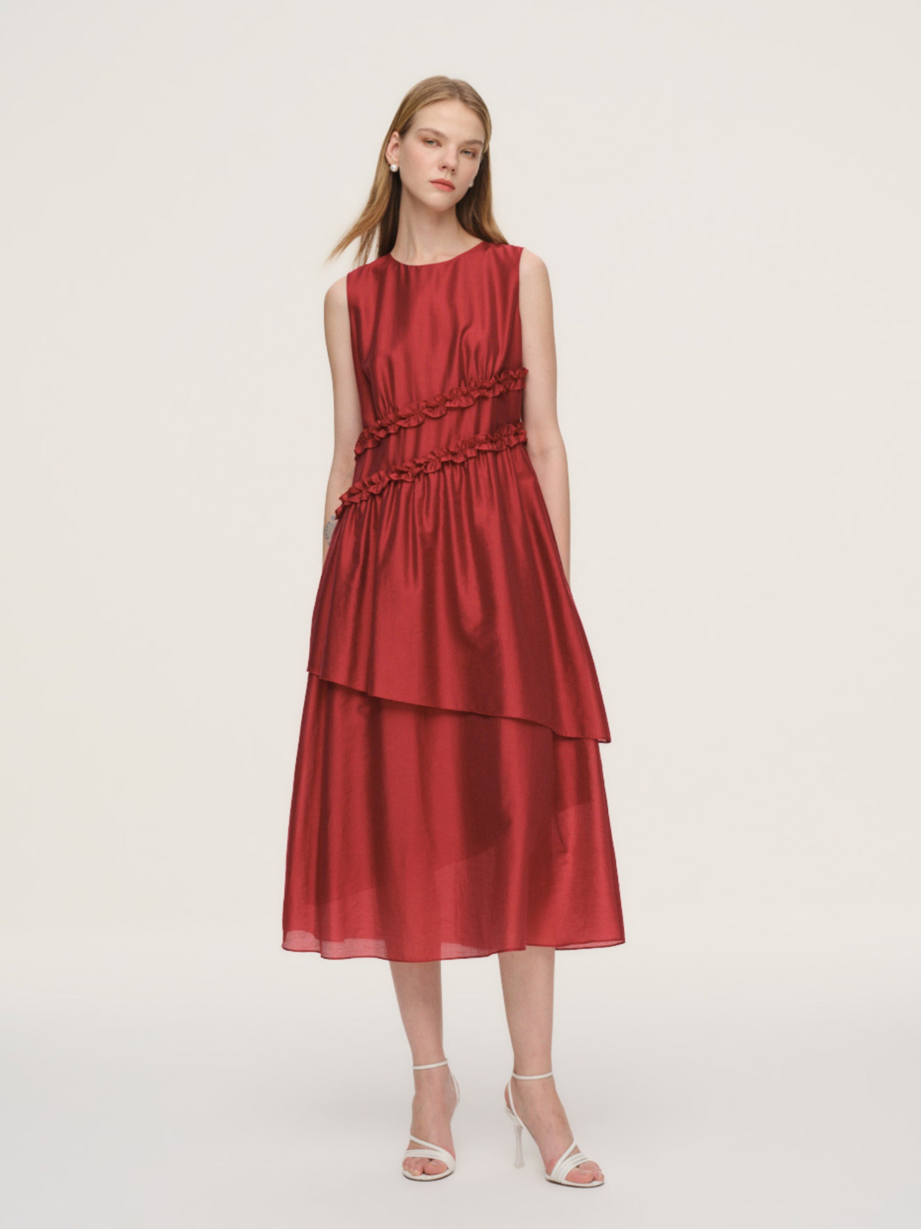 Tencel Blend Ruffle Women Sleeveless Tiered Maxi Dress GOELIA