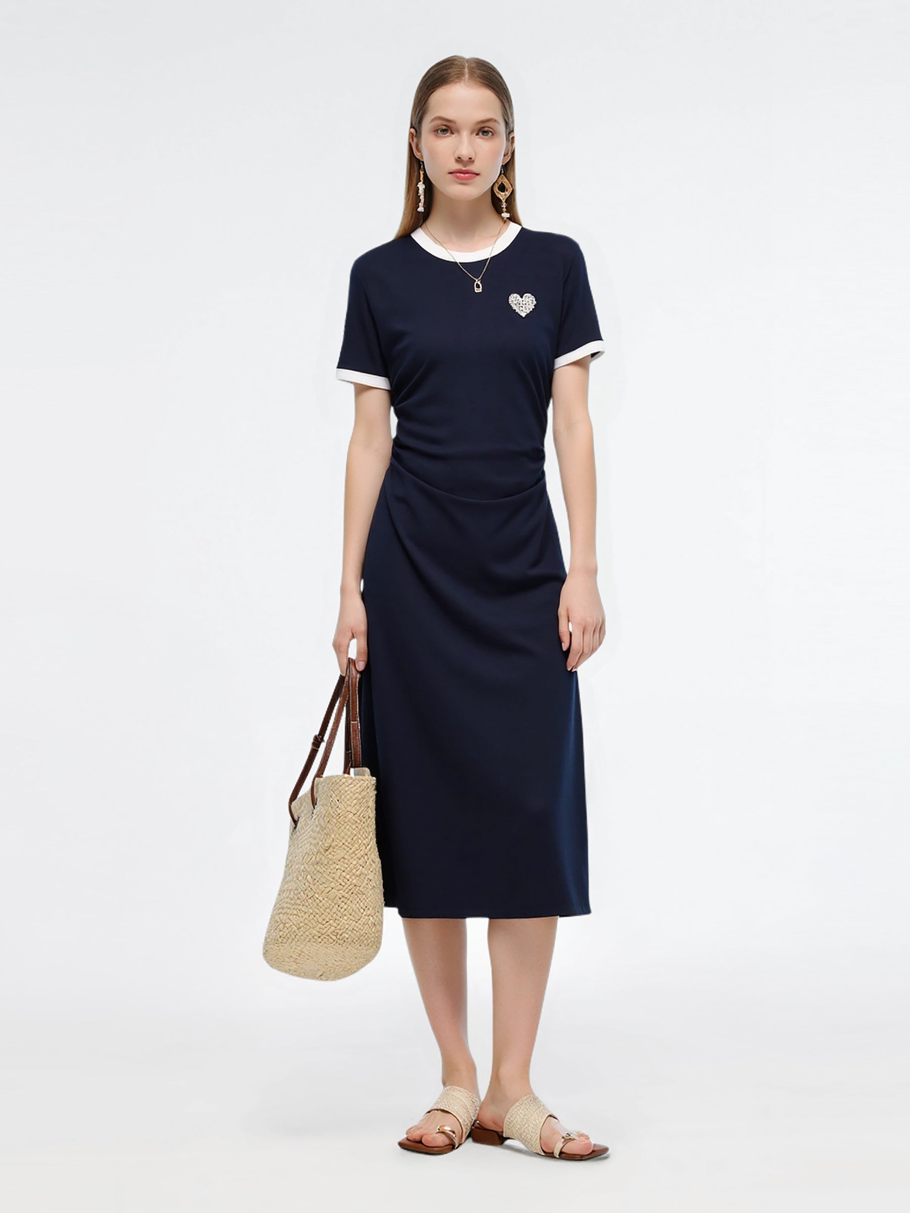 Side Pleat Round Neck Women Knit Midi Dress, Dark Navy / XXS