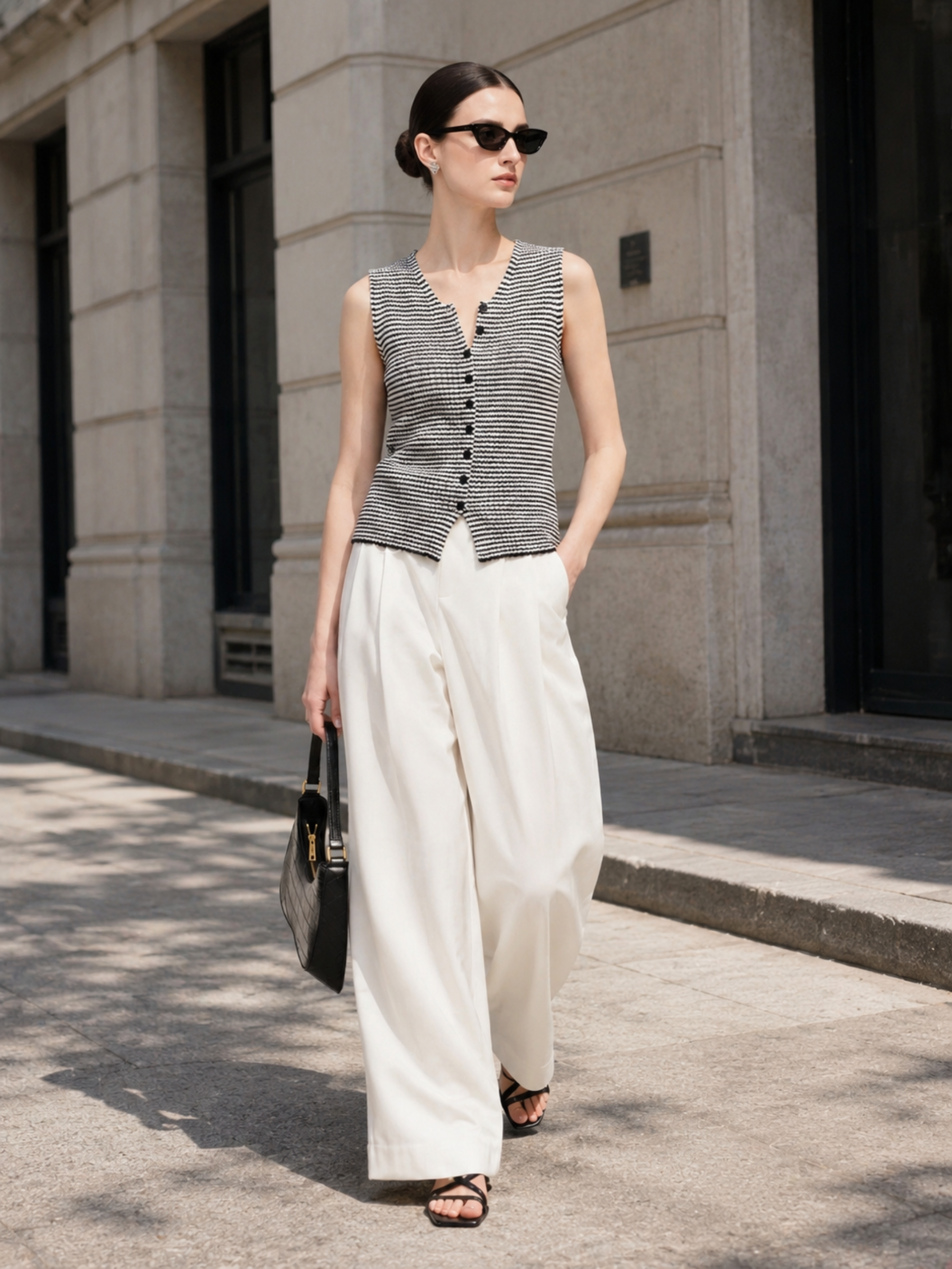 Cotton Blend Black And White Stripe Women Knit Vest GOELIA
