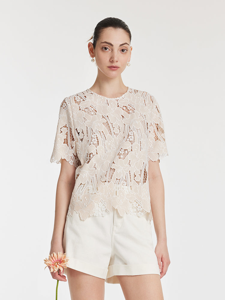 Lace Floral-Shaped Openwork Women Blouse With Bottomed Camisole GOELIA