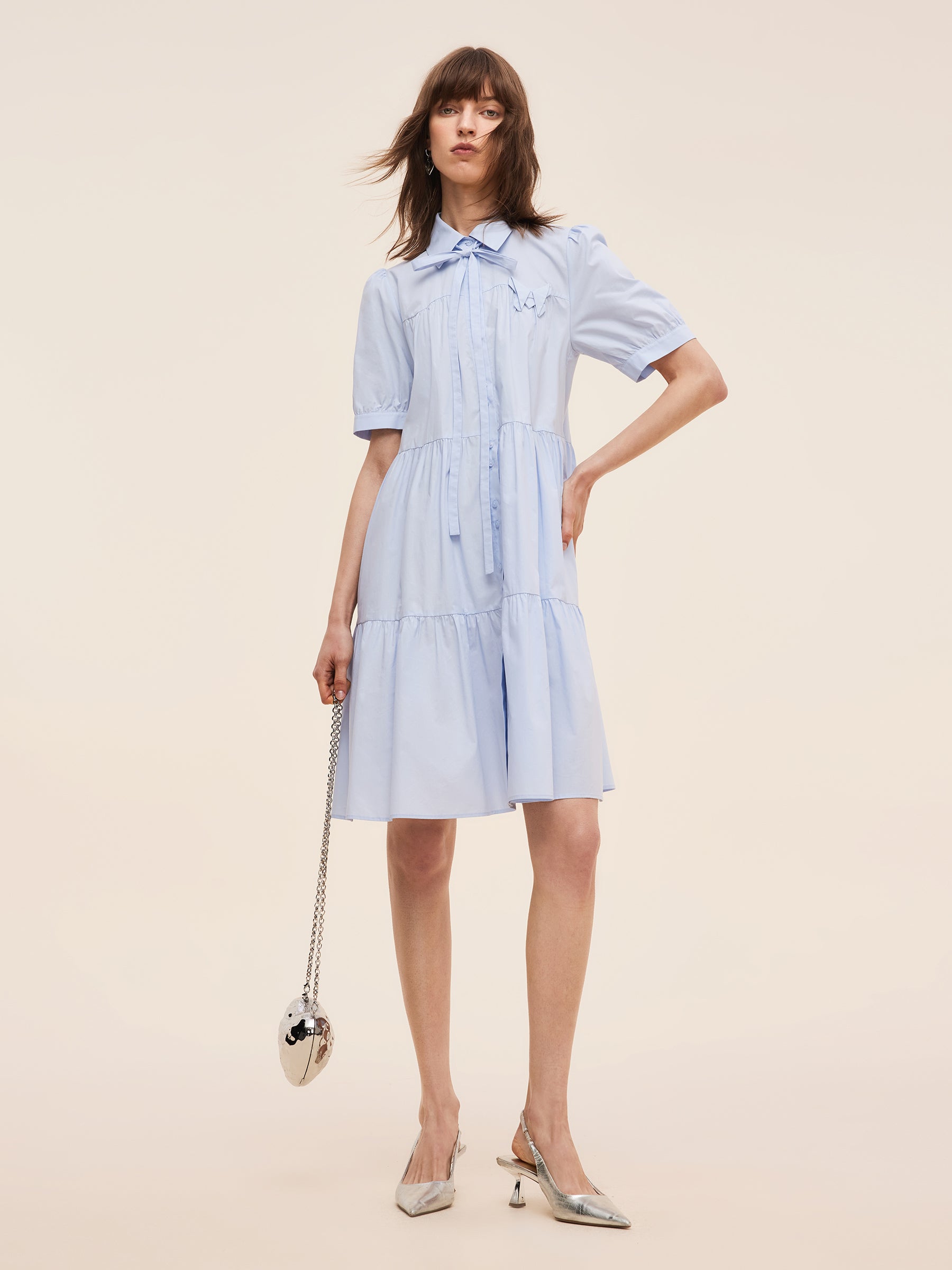 100% Cotton Women Puff Sleeve Mini Dress With Ribbon GOELIA