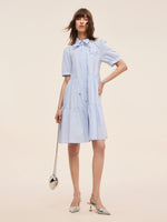 100% Cotton Women Puff Sleeve Mini Dress With Ribbon GOELIA
