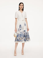 Tencel Linen Floral Print Women V-Neck Midi Dress With Self-Tie Belt GOELIA