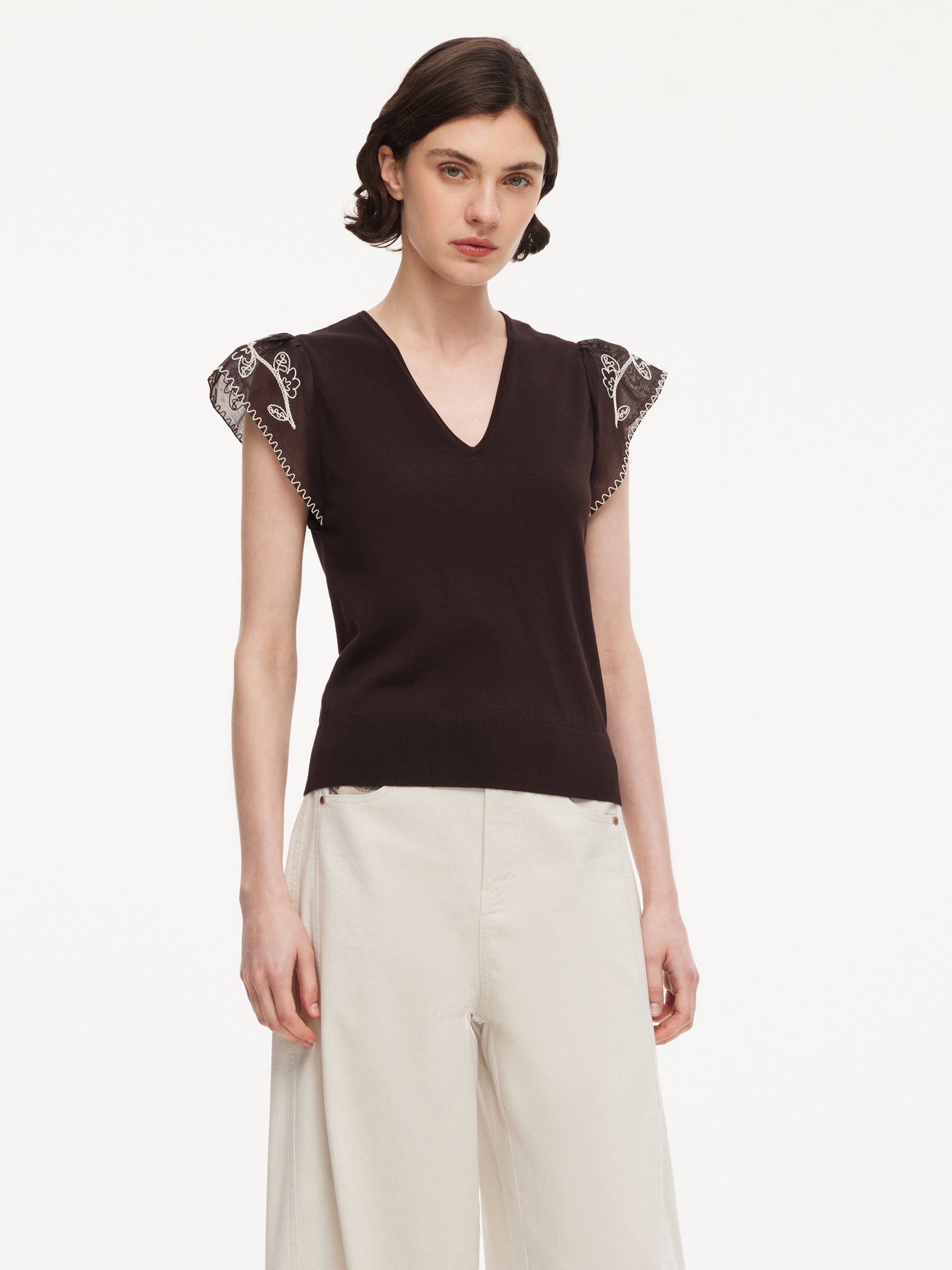 Lyocell Blend V-Neck Women Embroidered Sleeve Knit Top GOELIA