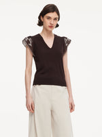 Lyocell Blend V-Neck Women Embroidered Sleeve Knit Top GOELIA