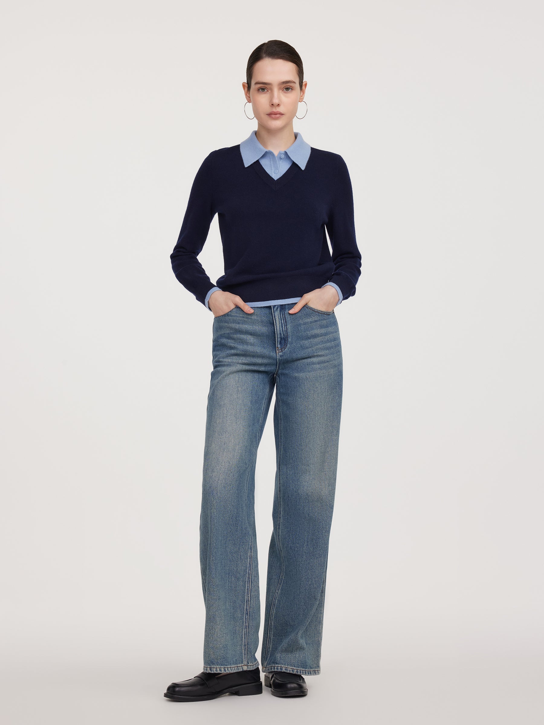 100% Wool Color Block Faux Two-Piece Women Sweater GOELIA