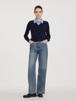 100% Wool Color Block Faux Two-Piece Women Sweater GOELIA