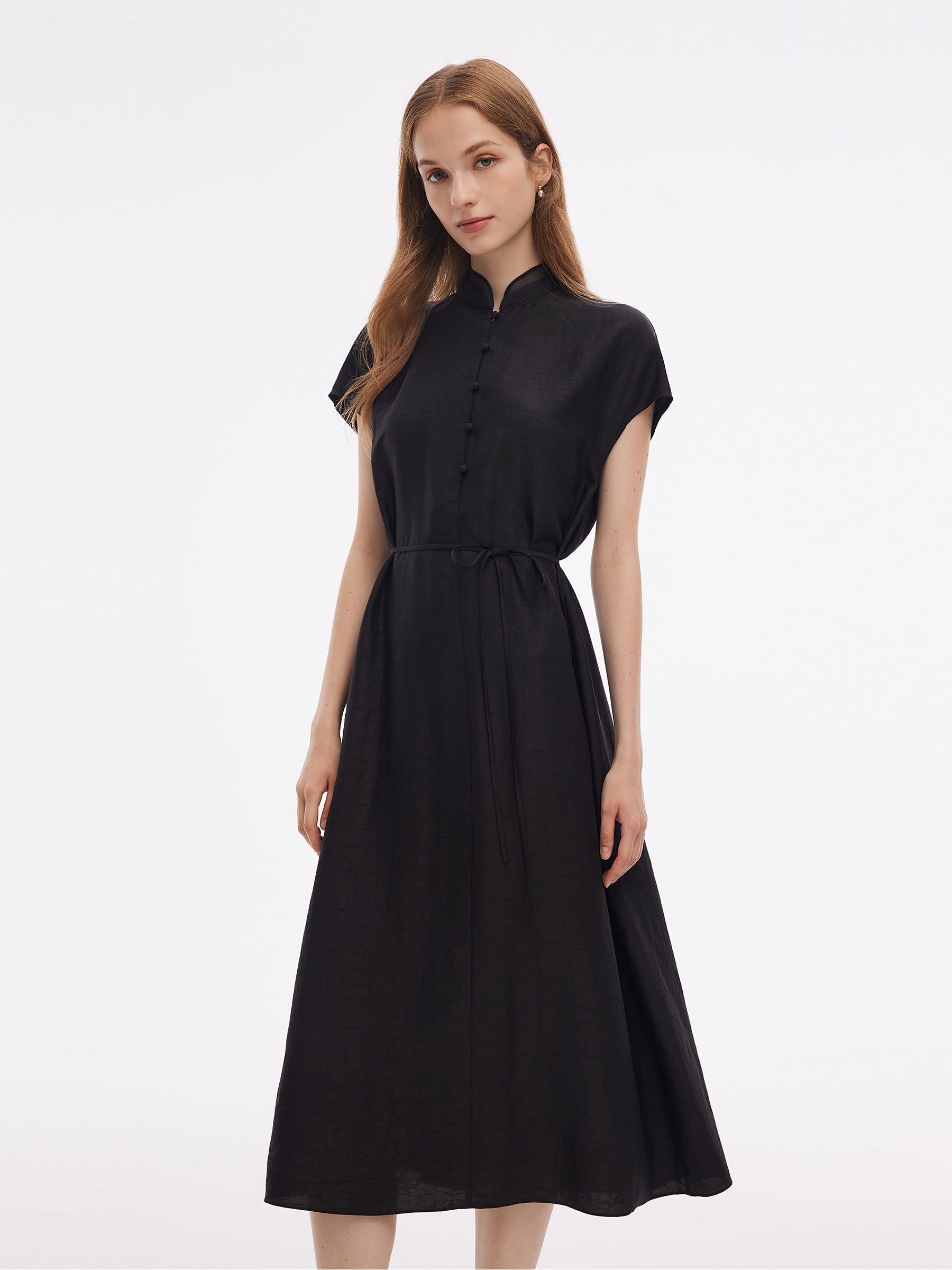 18MM Xiang Yun Silk A-Line Women Self-Tie Belt Midi Dress GOELIA