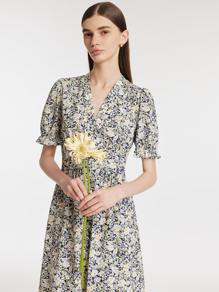 Floral Printed V-Neck Puff Sleeves Women Midi Dress GOELIA