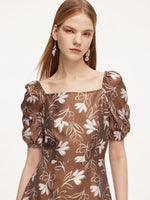 Tencel Blend Floral Print Square Neck Women Midi Dress GOELIA