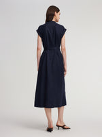100% Linen V-Neck Women Self-Tie Belt Maxi Dress With Skirt Lining GOELIA