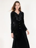 V-Neck Detachable Bowknot Velvet Midi Dress GOELIA