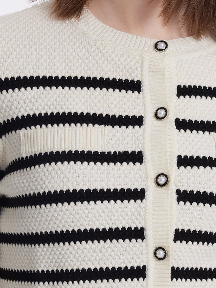 Striped Pearl Button Knitted Women Cardigan GOELIA