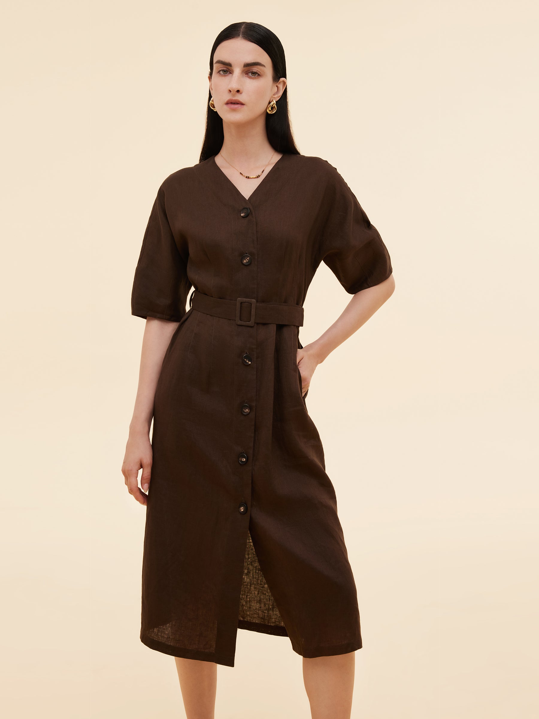 100% Linen Women V-Neck Midi Dress With Belt GOELIA