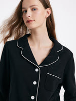 Black Long Sleeves And Pants Lapel Pajamas Two-Piece Set GOELIA