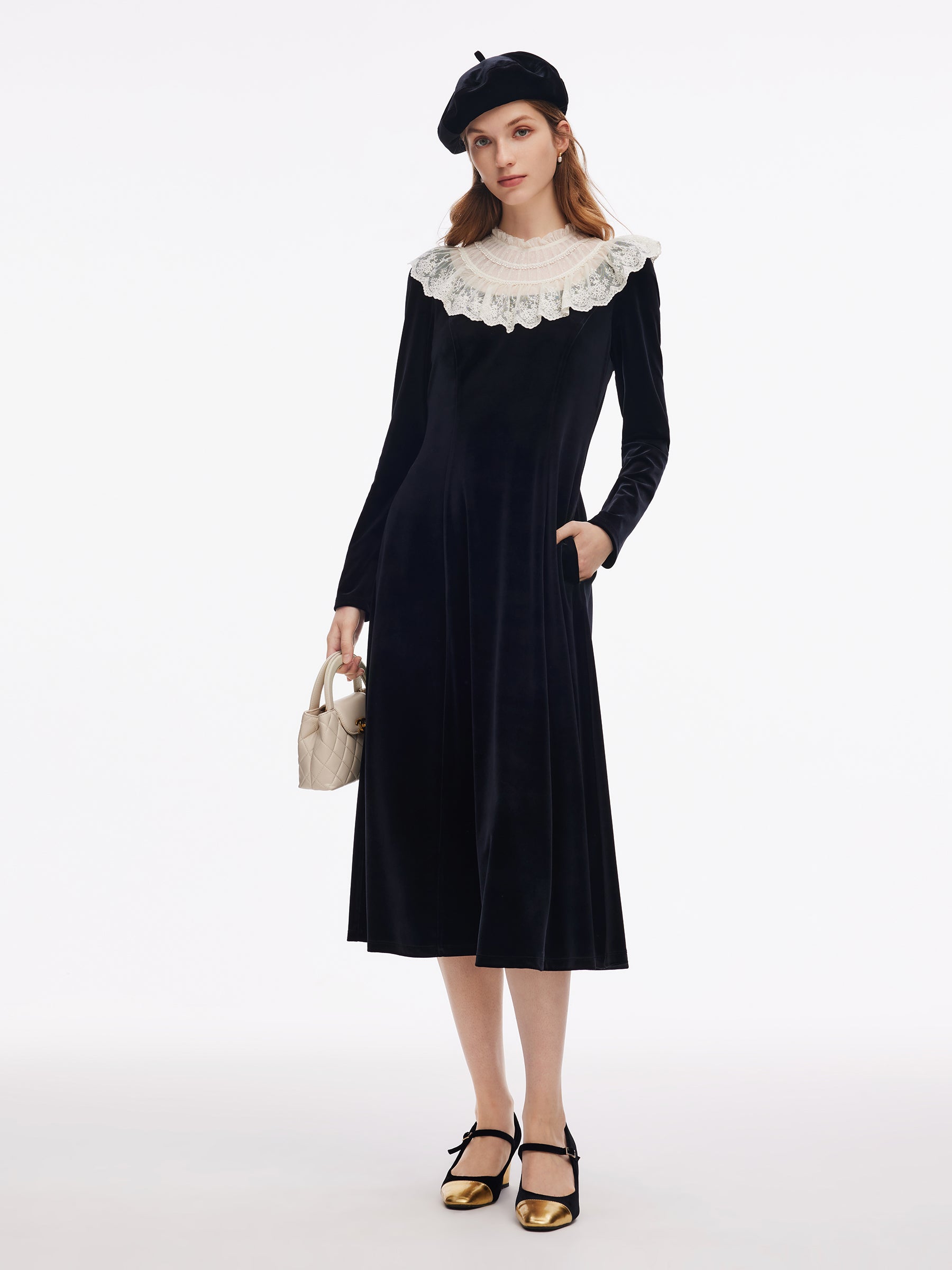 [Preview] Velvet Sheer Lace Collar Women Midi Dress With Beret GOELIA