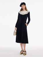 Velvet Sheer Lace Collar Women Midi Dress With Beret GOELIA