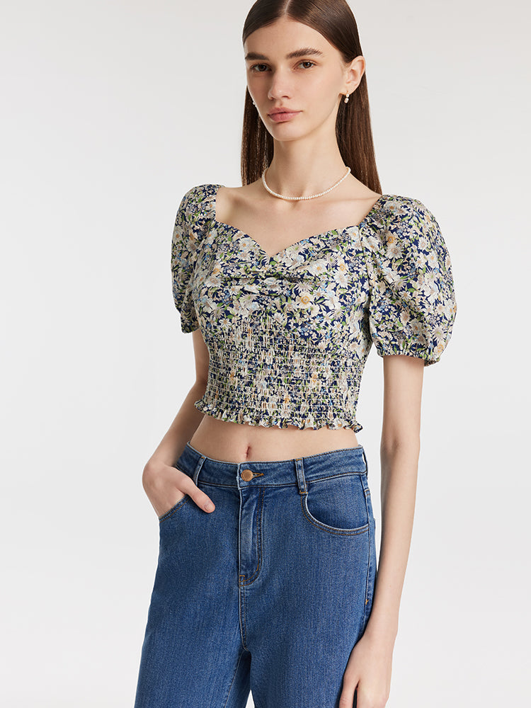 Floral Printed Square Neck Puff Sleeves Women Blouse GOELIA