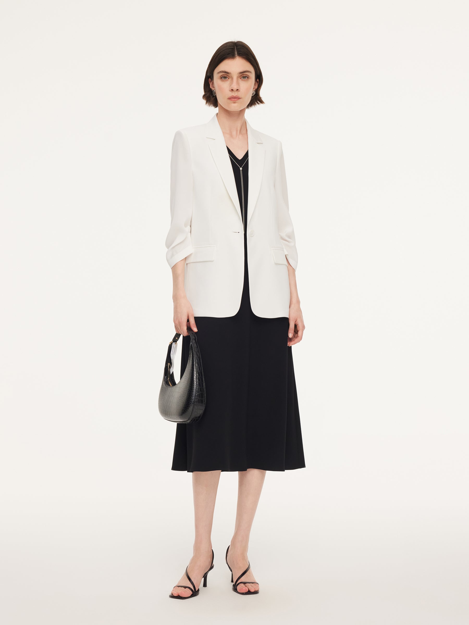 Triacetate Blend One Button Women Ruched Sleeve Blazer GOELIA