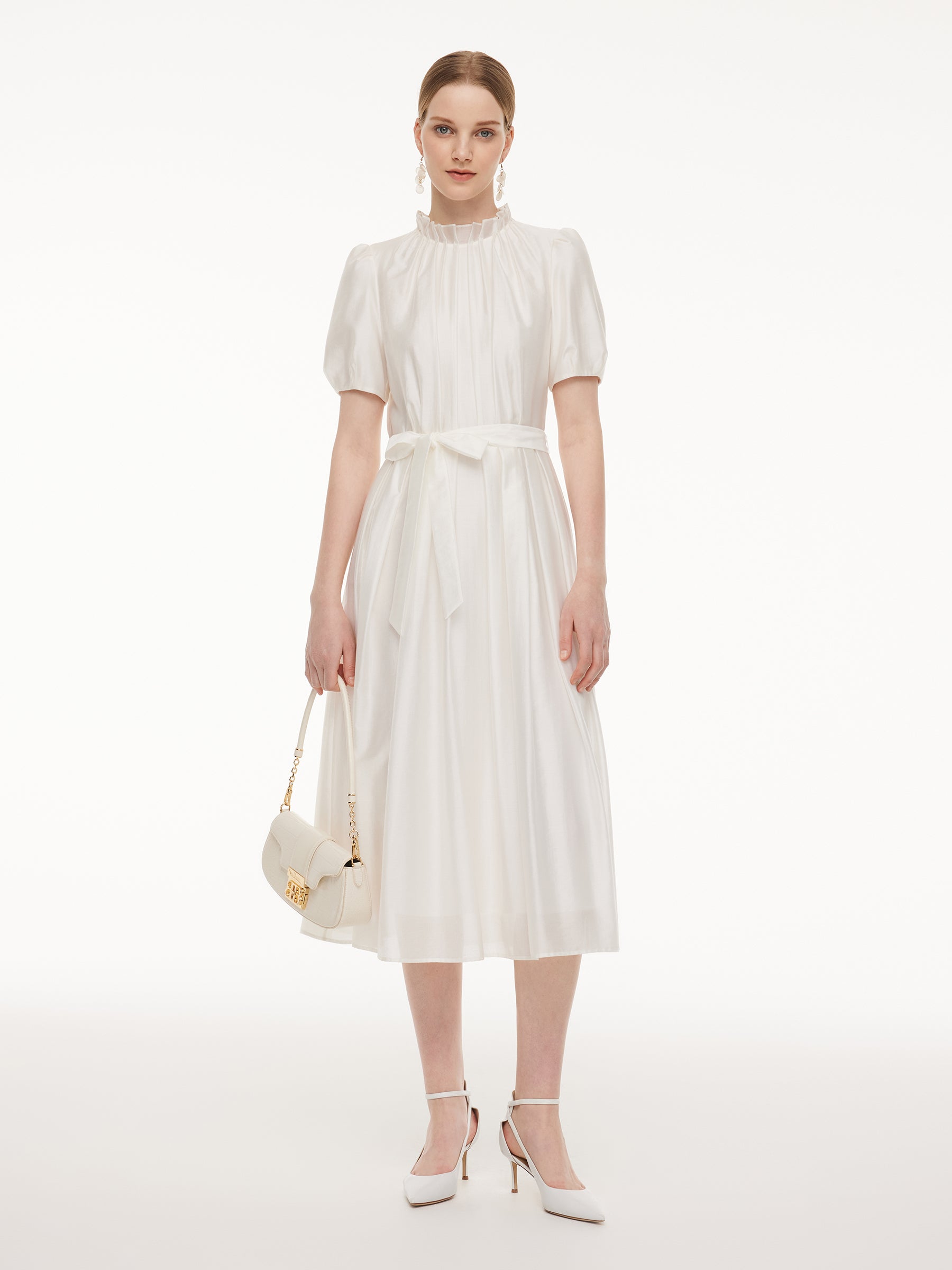Tencel Blend Ruffle Neck Puff Sleeves Women Belted Maxi Dress GOELIA