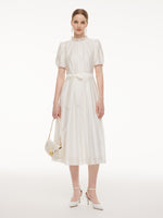 Tencel Blend Ruffle Neck Puff Sleeves Women Belted Maxi Dress GOELIA