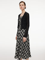 [Preview] Plaid Fringed Hem Strap Dress And Cardigan Two-Piece Set GOELIA