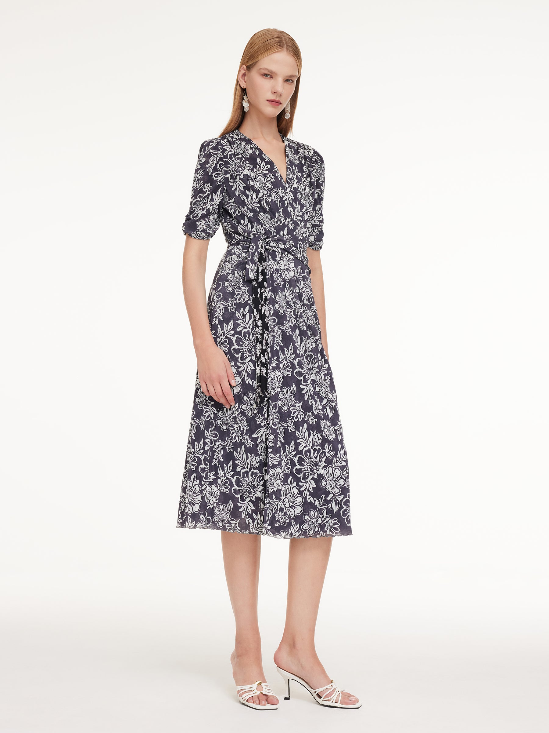 Floral Print Reversible V-Neck Women Wrap Midi Dress With Slip Dress GOELIA