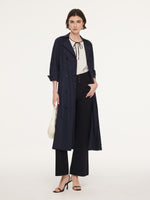 Linen Blend Stretch Women Belted Trench Midi Dress GOELIA