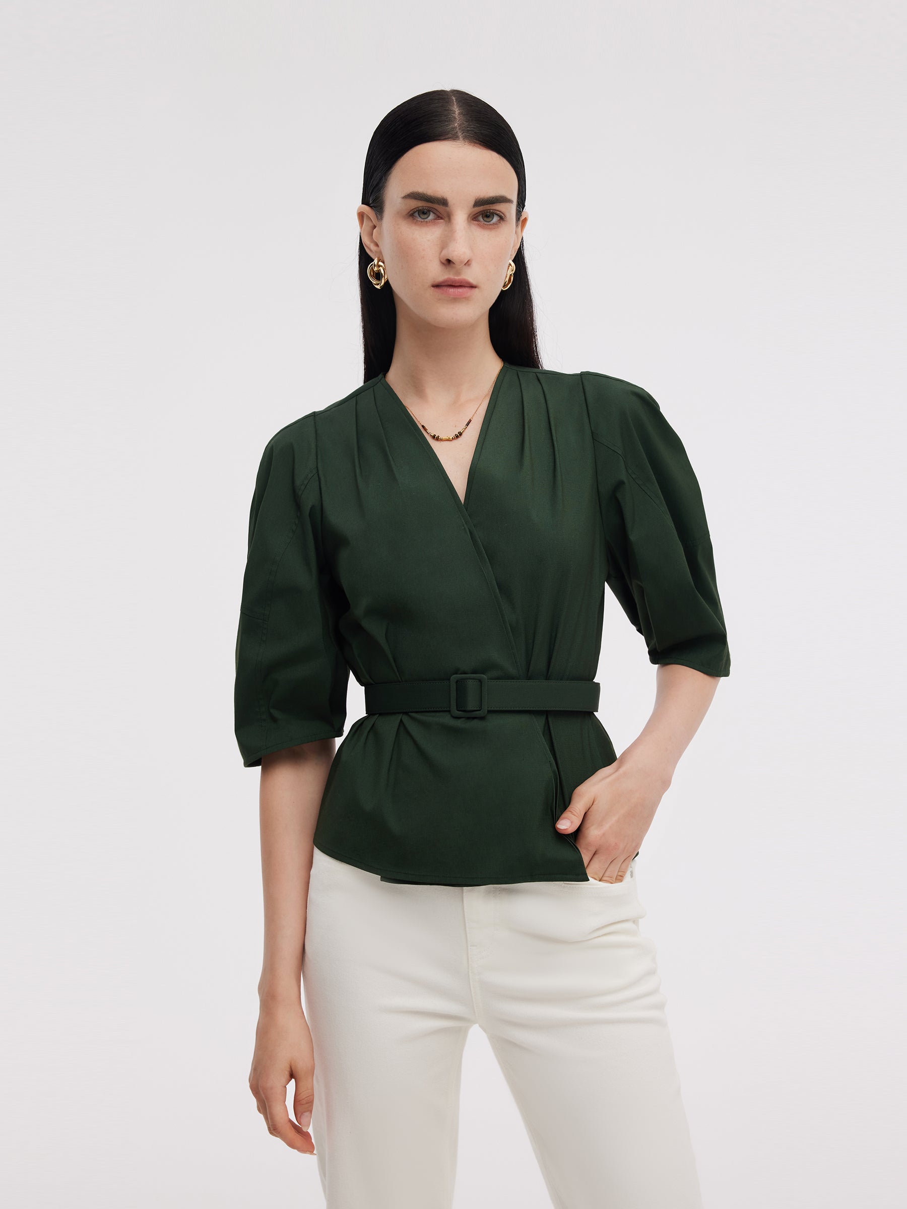 Dark Green V-Neck Women Blouse With Belt GOELIA