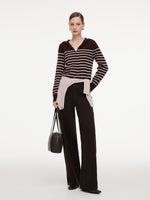 100% Wool Brown Stripe Women Hooded Zip-Up Cardigan GOELIA