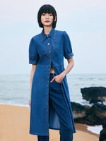 Tencel Denim Shirt Midi Collared Dress With Belt GOELIA