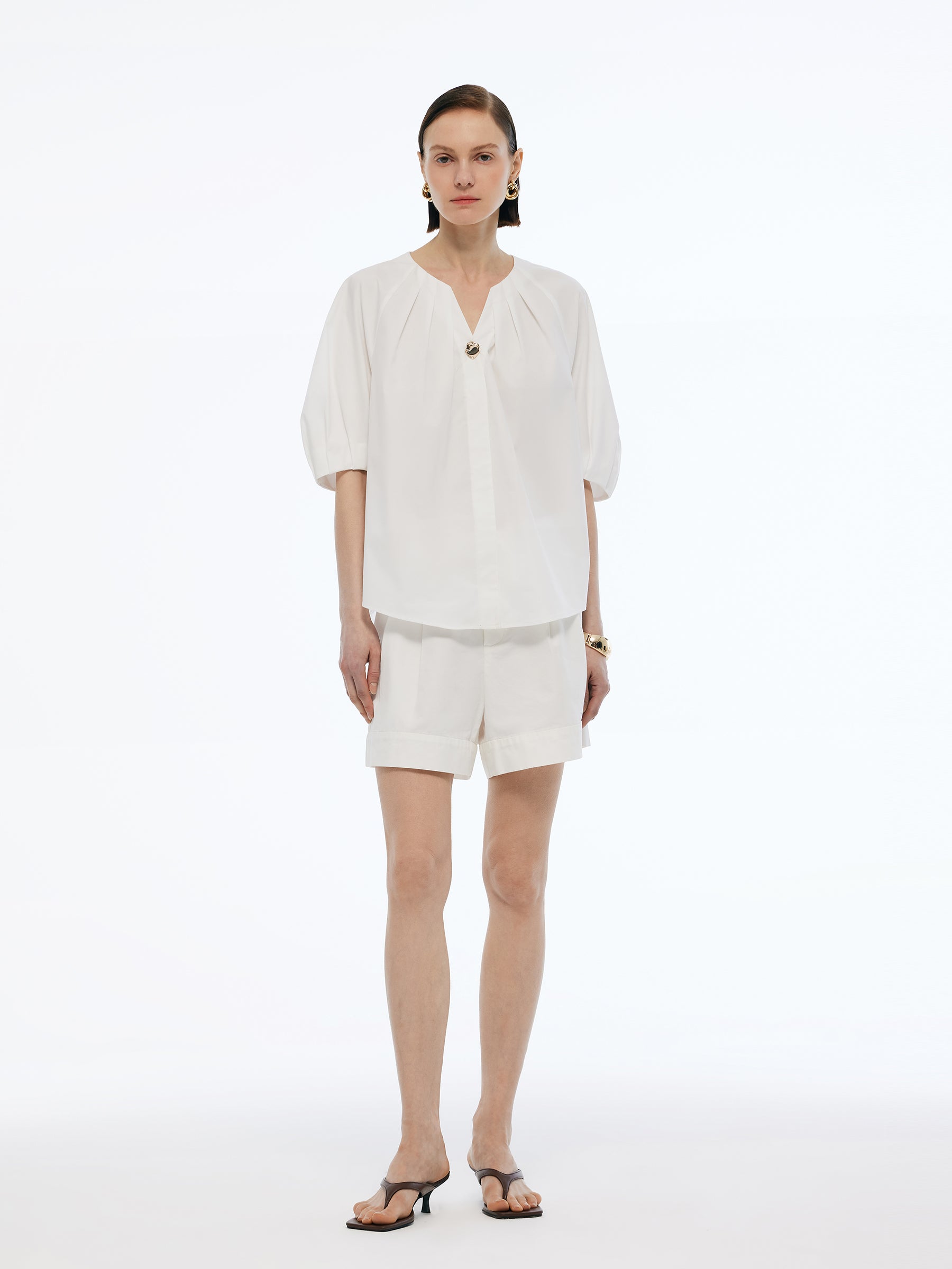 Volume Sleeve Women Pleat Neck Blouse GOELIA