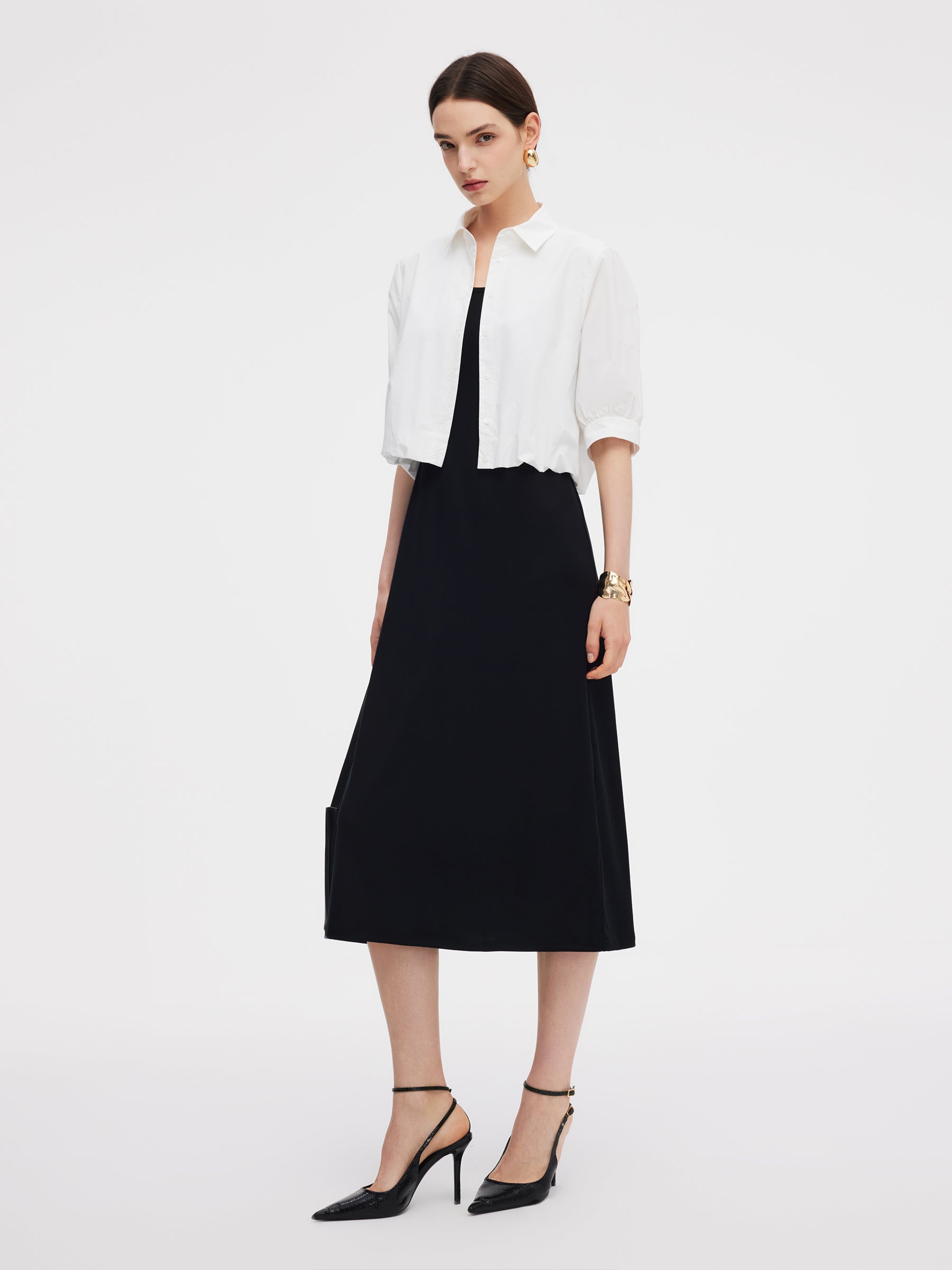 100% Cotton Shirt And Sleeveless Midi Dress Two-Piece Set GOELIA