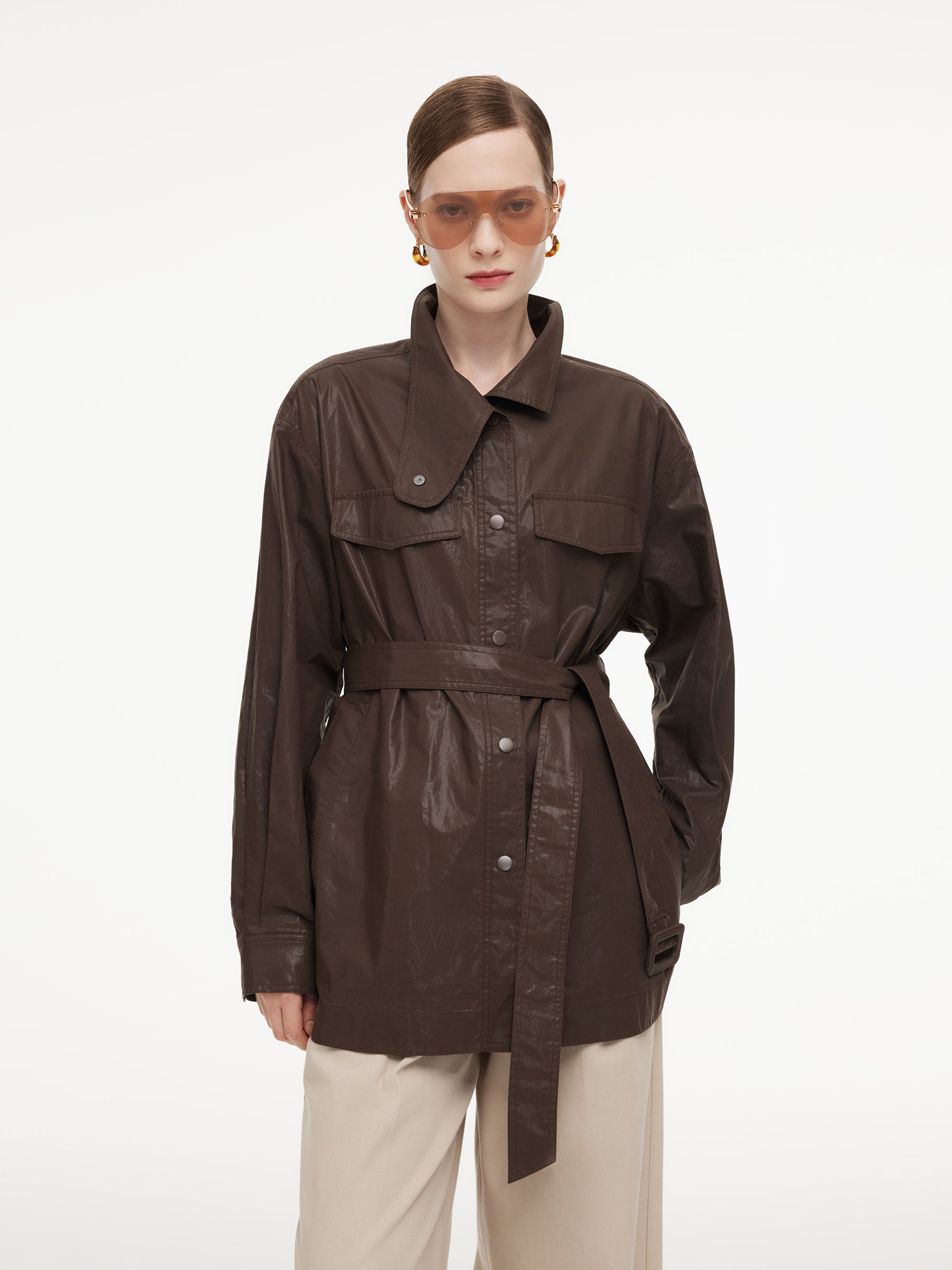 100% Cotton Stand Collar Women Mid Length Trench Coat With Belt GOELIA