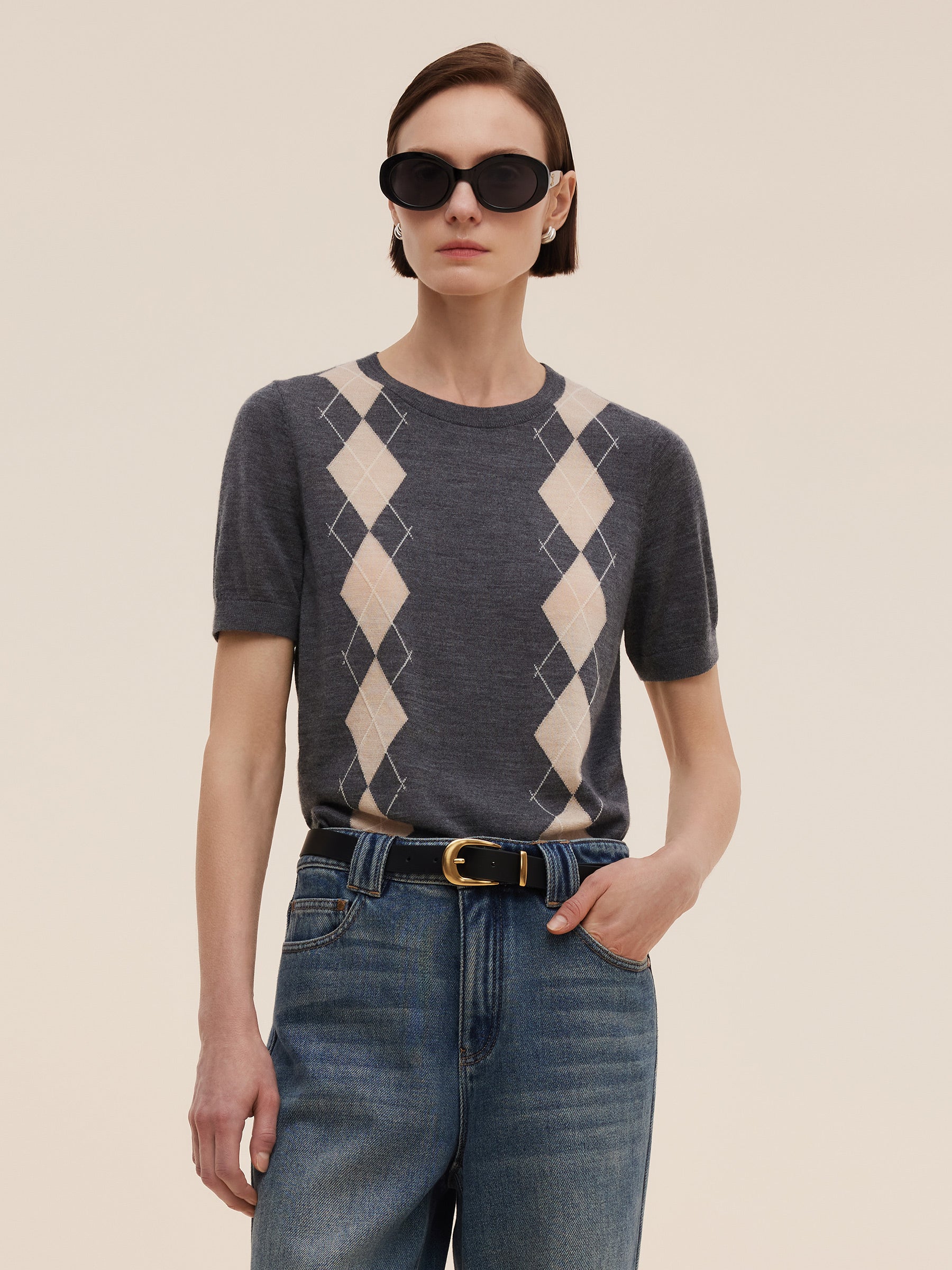 100% Machine Washable Wool Argyle Women Knit Top GOELIA