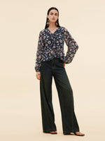 10MM Mulberry Silk Floral Print Women Ruffle V-Neck Blouse GOELIA