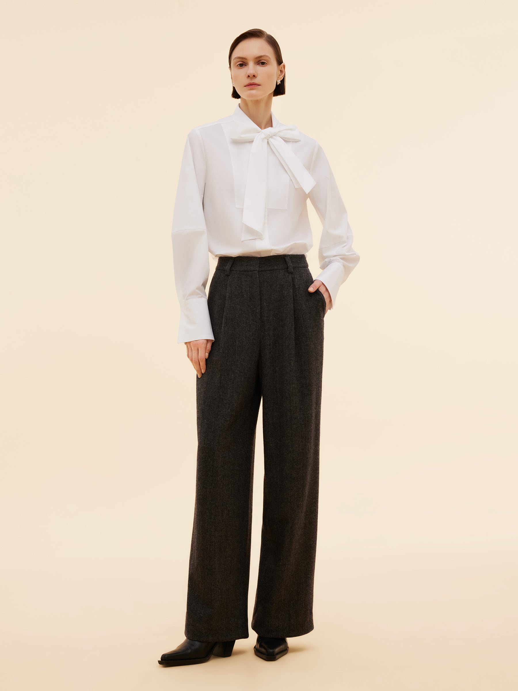 100% Washable Wool Straight Wide Leg Women Pants GOELIA