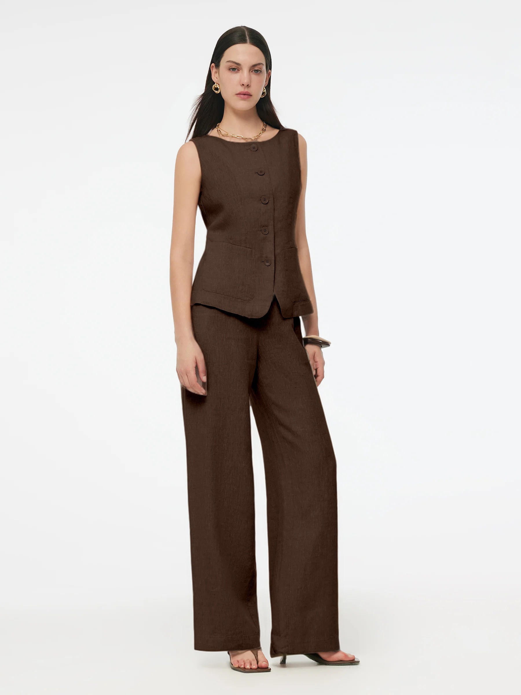 100% Linen Vest And Pants Two-Piece Set GOELIA