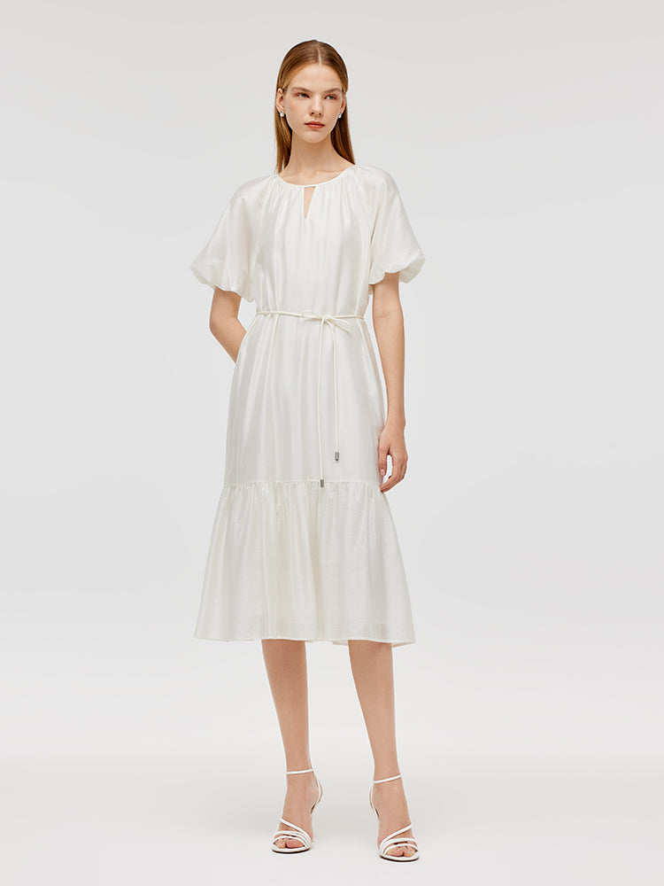 Puff Sleeves Ruffle Hem Women Midi Dress With String Belt GOELIA