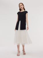 Adjustable Hem Knit Top And Mesh Pleated Skirt Two-Piece Set GOELIA