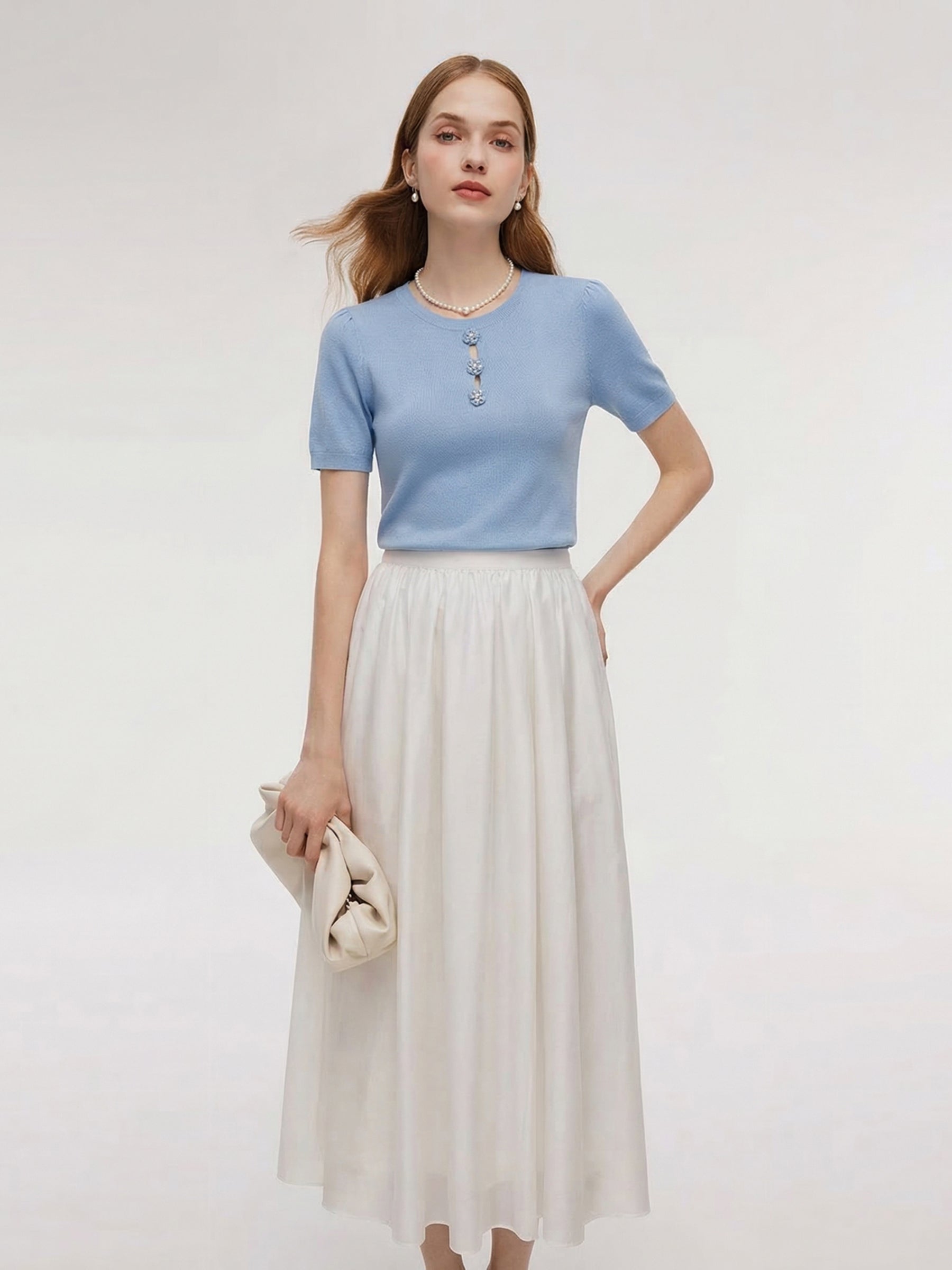 Tencel Blend Knit Top And A-Line Skirt Two-Piece Set With Detachable 3D Crochet Flowers GOELIA