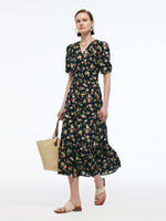 16MM Mulberry Silk Floral Print Women Puff Sleeve Maxi Dress GOELIA