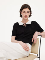 Tencel Blend Color Block Tie Front Women Openwork Knit Top GOELIA